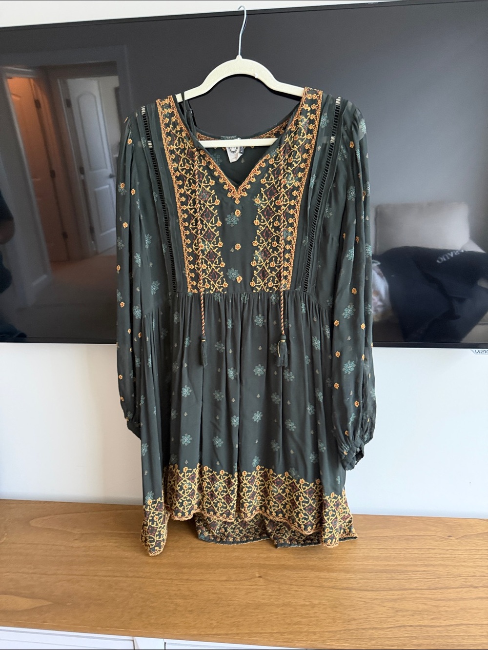Anthropologie Olive Green Embroidered Long-Sleeve Mini Dress